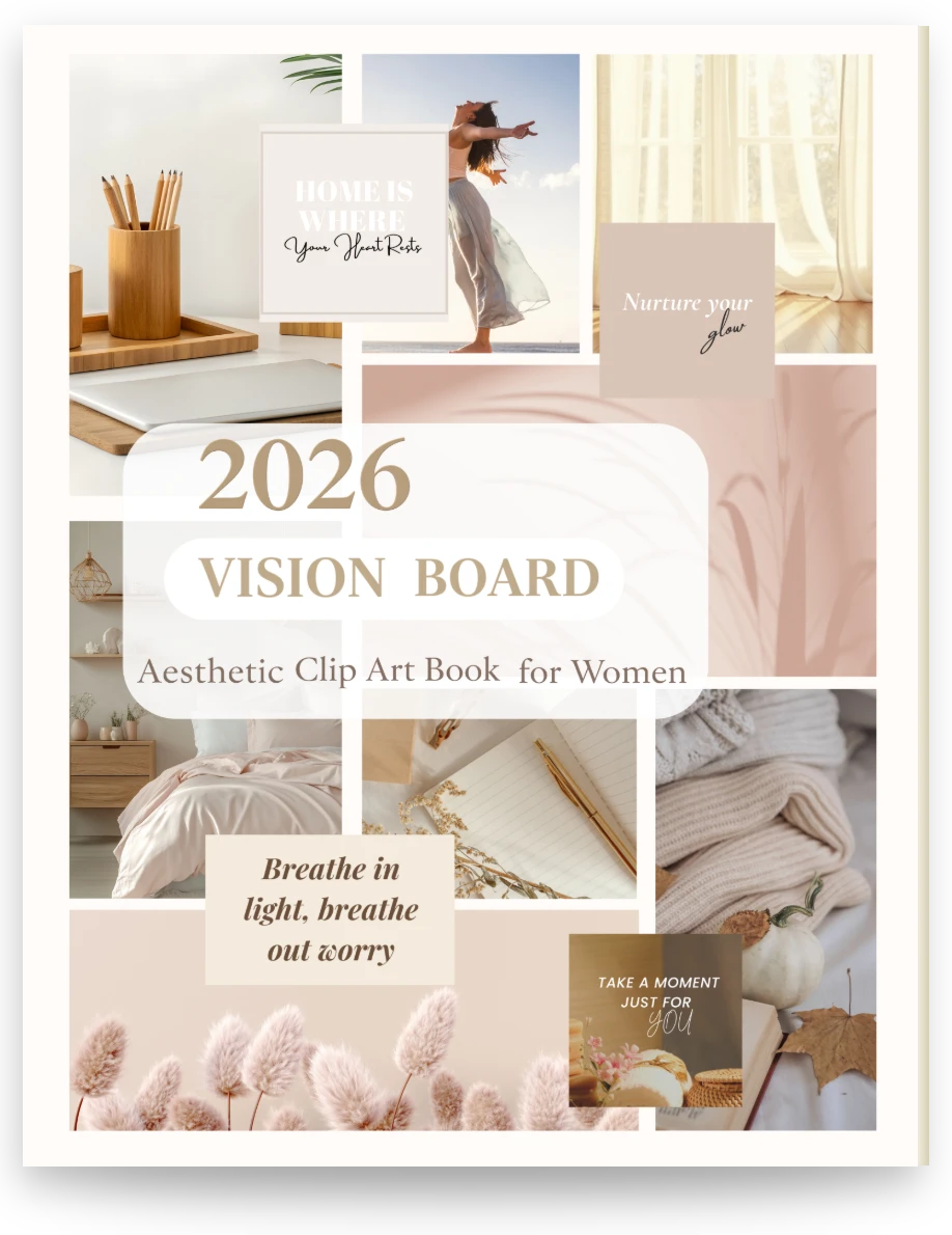 2026 Vision Board aesthetic clip art book for women — neutral mood-board imagery and affirmations to cut out and arrange